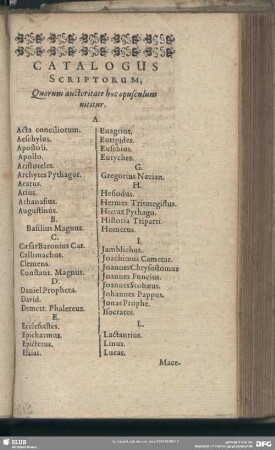 Catalogus Scriptorum, Quorum auctoritate hoc opusculum nititur