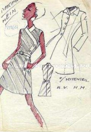 Modezeichnung: Damenkleid und Mantel (Entwurf)