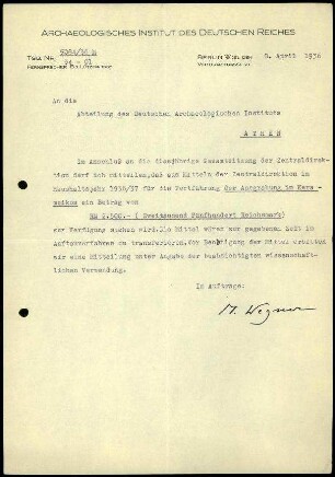 M. Wegner an DAI Athen