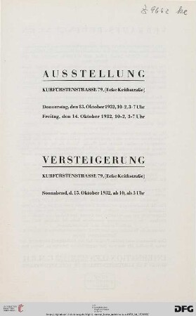 Gemälde neuer Meister : kompl. Speisezimmer in allen Stilarten, Mobiliar, Kunstgewerbe, Perser-Teppiche ; [15. Oktober 1932]