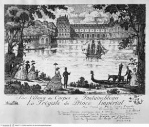 Der Karpfenteich in Fontainebleau mit der Fregatte des Prinzen Napoléon Eugène Bonaparte - Sur L'étang des Carpes à Fontainebleau. La Frégate du Prince Impérial
