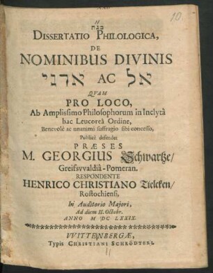 Dissertatio Philologica, De Nominibus Divinis [...] Ac [...]