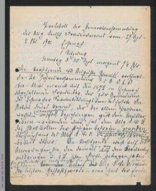Protokoll zur I. Sitzung der 21. Generalversammlung des ADF 1901 in Eisenach
