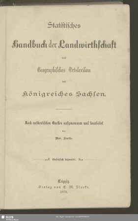 Statistisches Handbuch der Landwirthschaft und Geographisches Ortslexikon des Königreiches Sachsen