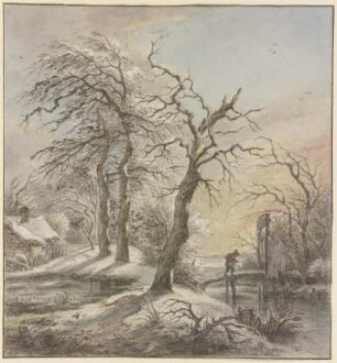 Winterlandschaft, ein Wanderer überquert auf einem Steg einen Bach