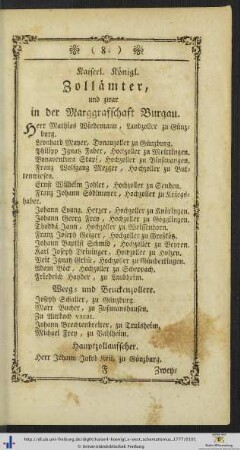 Kaiserl. Königl. Zollämter, und zwar in der Margraffschaft Burgau.
