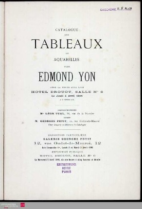 Catalogue des tableaux et aquarelles par Edmond Yon : Vente à Paris, Hotel Drouot, le 5 Avril, 1894. -