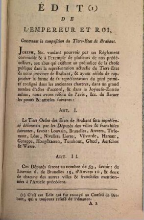 Note Qui Explique Les Causes Et Les Vues Des Différens Articles Qui Composent L'Édit Pour La Réforme Du Tiers-État De Brabant : Consistant en l'Édit même, et les Observations Sommaires