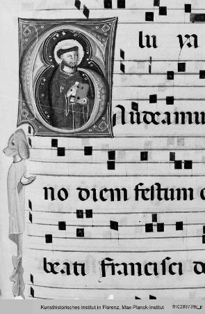 Chorbuch : Buchseite mit vierzeiligen Neumen, Text und historisierter Initiale G (?) mit Heiligem Franziskus