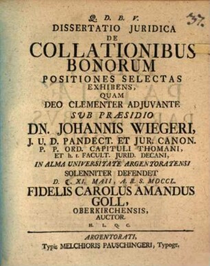 Diss. iur. de collationibus bonorum positiones selectas exhibens