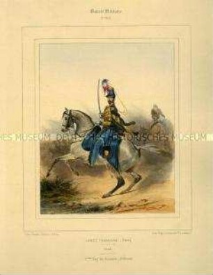 Uniformdarstellung, Offizier des 9. Husaren-Regiments, Königreich Frankreich, 1841. Tafel Nr. 129 aus: Galerie Militaire.