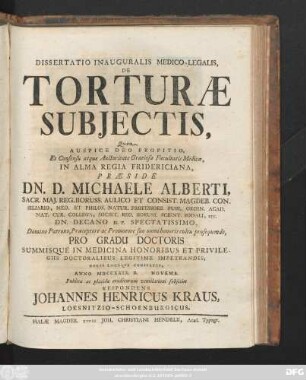 Dissertatio Inauguralis Medico-Legalis, De Torturæ Subjectis
