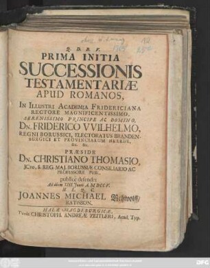 Prima Initia Successionis Testamentariæ Apud Romanos