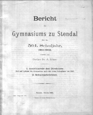 Ziel und Aufgabe des Gymnasiums nach den neuen Lehrplänen von 1901