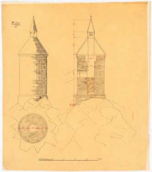 Schloss von Dr. Strousberg, Zbirow Umbau: Bergfried: Ansicht, Schnitt