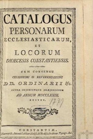 Catalogus personarum ecclesiasticarum et locorum Dioecesis Constantiensis. 1779