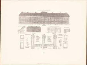 Rudolf Virchow-Krankenhaus, Berlin: Grundriss EG, Ansicht von der Hauptseite, Seitenansicht, Schnitt AB, Details (aus: Neubauten der Stadt Berlin, Bd. VI, 1907)