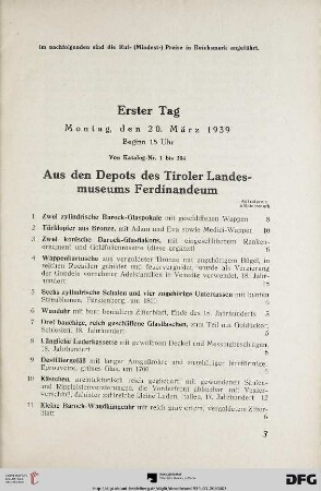 Erster Tag: Montag, den 20. März 1939 Beginn 15 Uhr (Nr. 1-304)