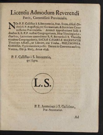 Licentia Admodum Reverendi Patris, Commissarii Provincialis.