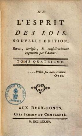 Oeuvres de Monsieur de Montesquieu, 4. De l'esprit des lois ; 4