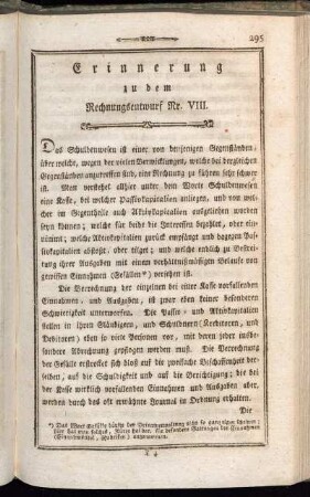 Erinnerung zu dem Rechnungsentwurf Nr. VIII.
