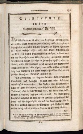 Erinnerung zu dem Rechnungsentwurf Nr. VIII.
