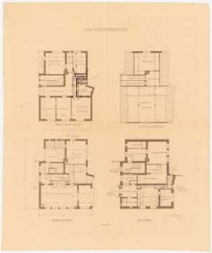 Einfamilienwohnhaus, Berlin-Nikolassee: Grundriss 1:100 Keller, Erdgeschoss, Obergeschoss, Dachgeschoss