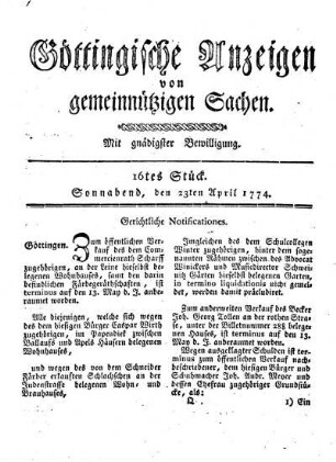 16tes Stück. Sonnabend, den 23ten April 1774.