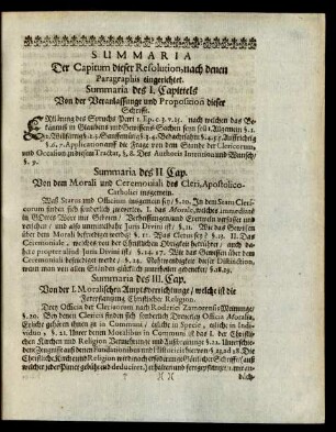Summaria Der Capitum dieser Resolution, nach denen Paragraphis eingerichtet.