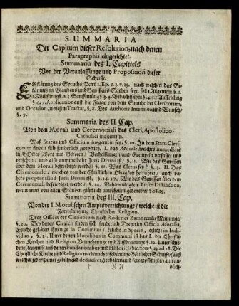 Summaria Der Capitum dieser Resolution, nach denen Paragraphis eingerichtet.