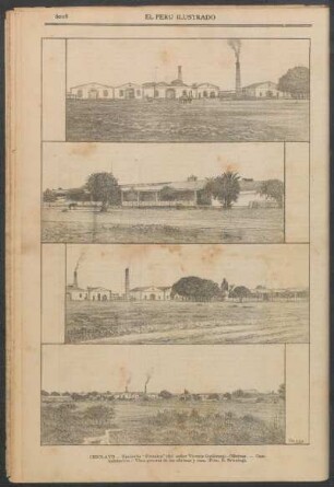 [Vistas de] Chiclayo : [1.] Hacienda "Pomalca" (del señor Vicente Gutiérrez). - [2.] Oficinas. - [3.] Casa-habitación. - [4.] Vista general de las oficinas y casa. (Foto. de E. Bruning).