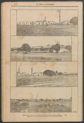 [Vistas de] Chiclayo : [1.] Hacienda "Pomalca" (del señor Vicente Gutiérrez). - [2.] Oficinas. - [3.] Casa-habitación. - [4.] Vista general de las oficinas y casa. (Foto. de E. Bruning).