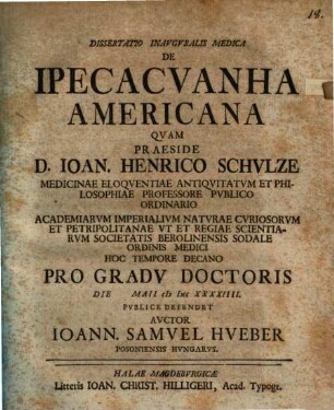 Dissertatio inavgvralis medica de ipecacvanha Americana