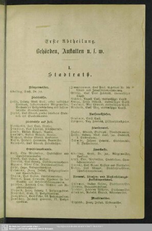 Erste Abtheilung. Behördenverzeichnis : Erste Abtheilung. Behörden, Anstalten u. s. w.,