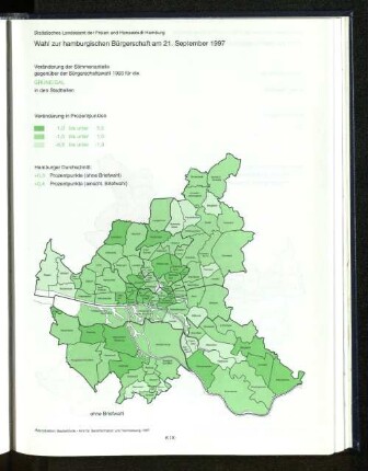 Veränderung der Stimmenanteile gegenüber der Bürgerschaftswahl 1993 für die GRÜNEN/GAL in den Stadtteilen