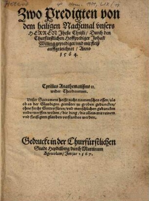 Zwo Predigten von dem heiligen Nachtmal unsers Herren Jhesu Christi