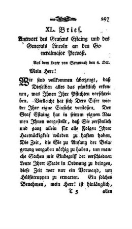 XL. Brief - Antwort des Grafen Estaing und des General Lincoln darauf