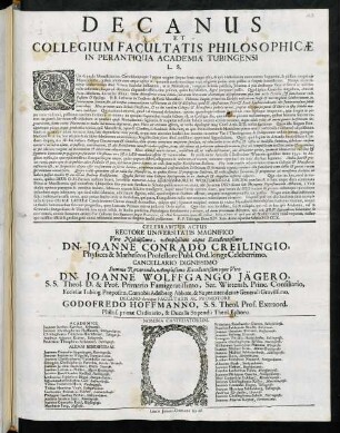 Decanus Et Collegium Facultatis Philosophicae In Perantiqua Academia Tubingensi L. S.