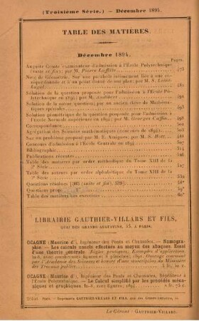 Table des matières. Décembre 1894.