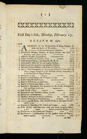 1-12, First Day's Sale, Monday, February 13. - Second Day's Sale, Tuesday, February 14.