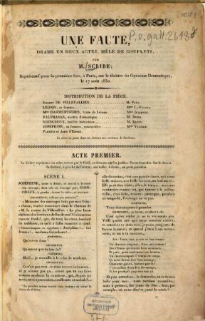 Une faute : drame en deux actes, mêlé de couplets