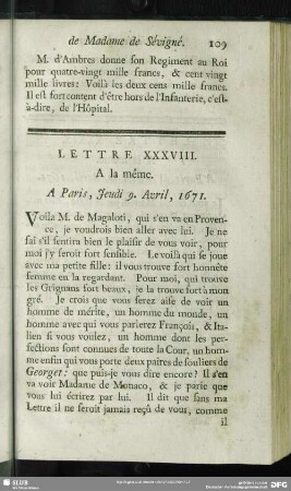 Lettre XXXVIII. A la même. A Paris, Jeudi 9. Avril, 1671