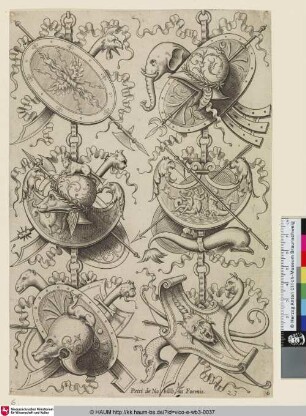 [Le second trophée offre au milieu un bouclier orné d'un combat entre des Tritons; Six Shields, One with Elephant; Sechs Schilder, einer mit Elefant]