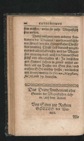 Das Dritte Fundament oder Grundt der Ubiquistischen Lehre/ auß dem Articul Von Sitzen zur Rechten Gottes des Vatters.