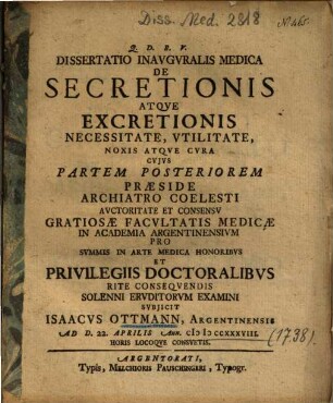 Dissertatio Inavgvralis Medica De Secretionis Atqve Excretionis Necessitate, Vtilitate, Noxis Atqve Cvra : Cvjvs Partem Posteriorem