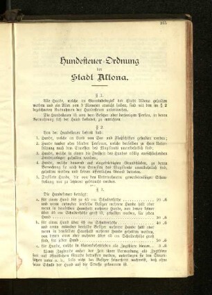 Hundesteuer-Ordnung der Stadt Altona.