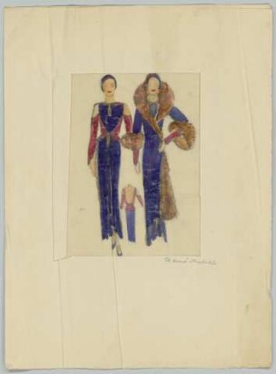 Zwei Figurinen und eine kleine Detail-Rückenansicht: Ein knöchellanges, rückenfreies Kleid in Kombination mit einem langen Mantel mit Pelzbesatz (Archivtitel)
