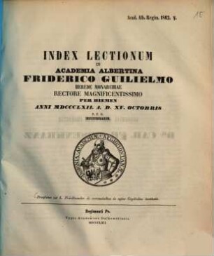 Index lectionum in Academia Albertina ... habendarum. 1862. WS