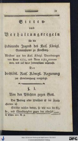 Sitten und Verhaltungsregeln für die studierenden Jugend des Kais. Königl. Gymnasiums zu Konstanz.