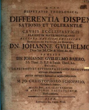 Disp. theol. de differentia dispensationis et tolerantiae in causis ecclesiasticis, praesertim matrimonialibus